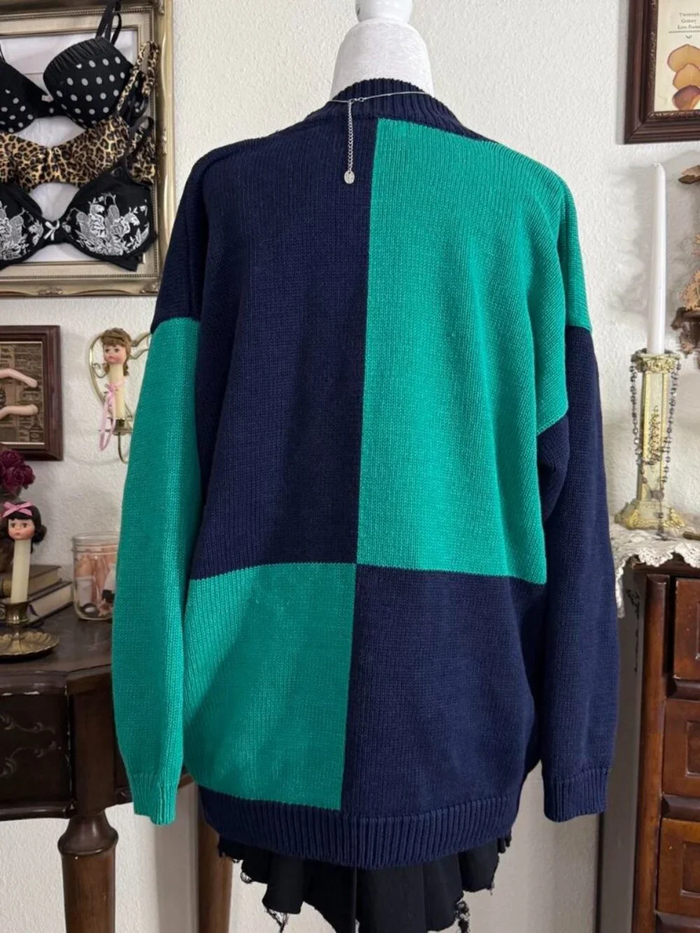 90’s quirky grunge green and navy blue color block patchwork cozy sweater